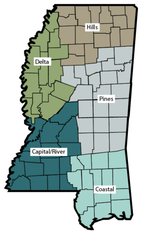 This map shows the counties that comprise each of the five geographic regions in Mississippi. See Footnote 4 for a list of these counties.