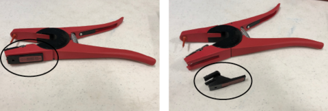 Two images of a red, handheld instrument for tagging animals.
