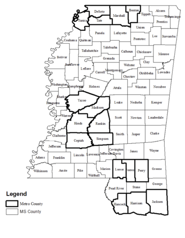 Map of Mississippi counties highlighting metro counties: Tunica, DeSoto, Tate, Marshall,and  Benton in the northern region; Yazoo, Madison, Hinds, Rankin, Copiah, and Simpson in the central region; and Lamar, Forrest, Perry, Hancock, Harrison, and Jackson in the southern region. 