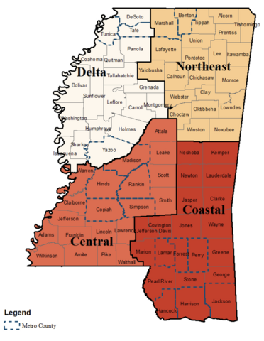 Map of Mississippi counties divided into four regions: Delta, Northeast, Central, and Coastal. Metro counties within each region are highlighted with dotted lines: Tunica, DeSoto, Tate, and Yazoo in the Delta Region; Marshall and Benton in the Northeast Region; Madison, Hinds, Rankin, Copiah, and Simpson in the Central Region; and Lamar, Forrest, Perry, Hancock, Harrison, and Jackson in the Coastal Region