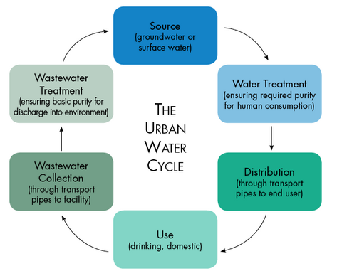 A diagram with &quot;urban water cycle&quot; in the center and the following text boxes circling it with arrows pointing from one box to the next: Source (groundwater or surface water); Water Treatment (ensuring required purity for human consumption); Distribution (through transport pipes to end user); Use (drinking, domestic); Wastewater Collection (through transport pipes to facility); and Wastewater Treatment (ensuring basic purity for discharge into environment).