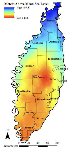 Map of the Mississippi Delta showing ground water levels: the highest levels are in the north, while the lowest are in the center and south.