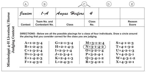 Placing card for Mississippi 4-H Livestock/Horse Judging Contest.