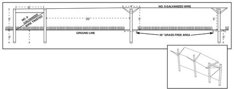 Diagram with measurements for a Geneva Double Curtain trellis. See the section titled Geneva Double Curtain Trellis.