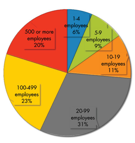 Share of job support by size group: 500 or more employees, 20%; 100-499 employees, 23%; 20-99 employees, 31%; 10-19 employees, 11%; 5-9 employees, 9%; 1-4 employees, 6%.