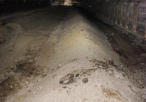 Interior of a poultry house with litter mounded into a windrow.