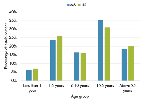 Bar chart information depicted in table: Share of establishments by age group.