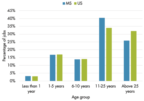 Bar chart information depicted in table: Share of job support by age group.