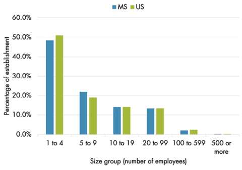 Bar chart information depicted in table: Share of establishments by size group.