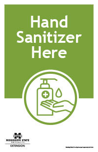 Poster with text &quot;Hand Sanitizer Here&quot; and clipart of a hand with a pump bottle.