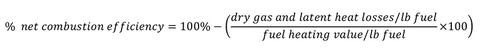 Formula: Precent net combustion efficiency equals 100 percent minus (dry gas and latent heat losses per pound of fuel divided by fuel heating value per pound of fuel multipled by 100).