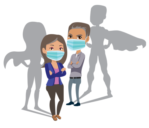 grandparent couple with PPE masks and superhero shadows.