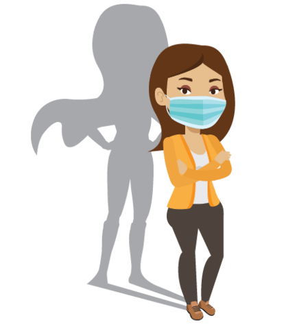 Cartoon of a Hispanic woman wearing a mask with a shadow of a superhero behind her.