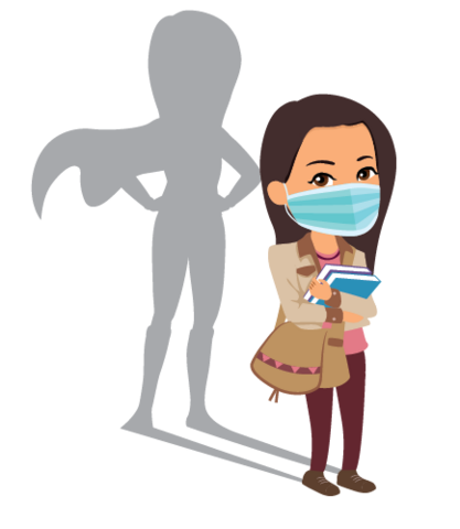 Cartoon of a Native American woman wearing a mask with a shadow of a superhero behind her.