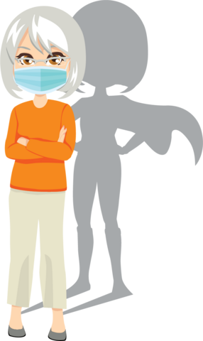woman with PPE mask and superhero shadow.