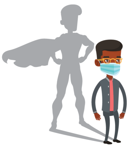 Cartoon of a black man wearing a mask with a shadow of a superhero behind him.