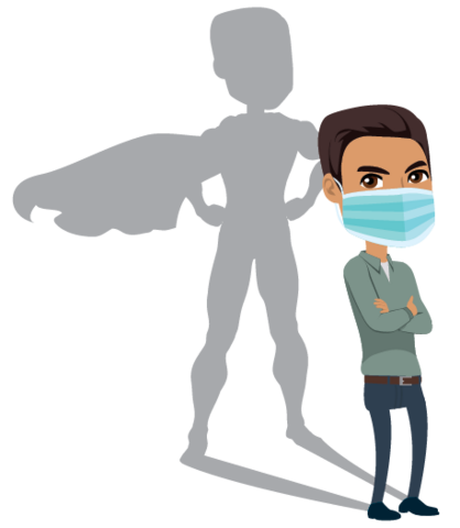 Cartoon of a Native American man wearing a mask with a shadow of a superhero behind him.