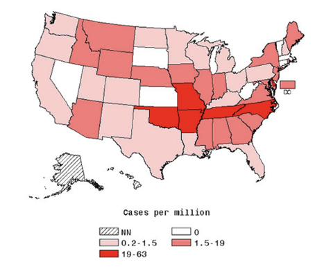 Interactive map at http://www.cdc.gov/rmsf/stats/ (link in caption).
