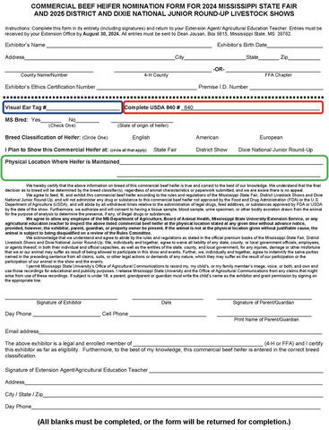 A sample commercial beef heifer nomination form, highlighting areas where important information must be recorded. These include the visual ear tag number, the complete USDA 840 number, and the physical location where the animal is maintained.