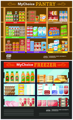 Artist’s rendering of pantry and freezer with meat and dairy items, as well as nonperishable foods.