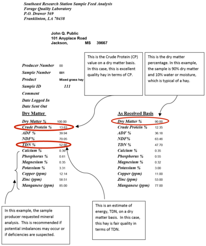 A sample feed analysis form shows 13.63% crude protein, which is excellent; 52.66% total digestible nutrients, which is fair; and 90% dry matter (and 10% water), which is typical of a hay. In this example, the producer requested mineral analysis. This is recommended if potential imbalances may occur or if deficiencies are suspected.