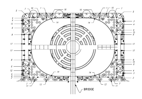 Landscape plan of the Veterans Memorial Rose Garden showing locations around the garden's perimeter of each rose variety listed in the legend.