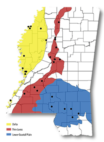  Capture locations include 11 in the Delta, 12 in thin loess, and 6 in lower coastal plain. 
