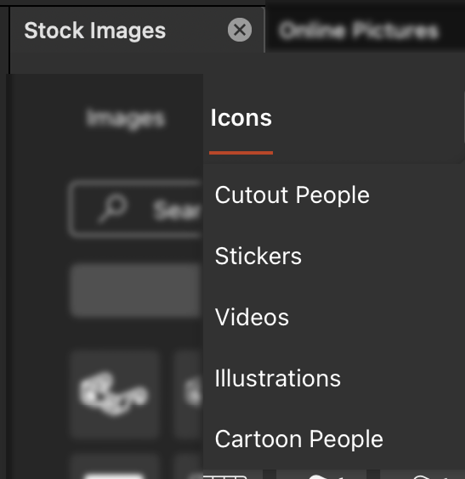 Screenshot of PowerPoint's stock image categories: Cutout People, Stickers, Videos, Illustrations, and Cartoon People. 