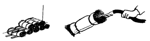 Drawings of bundles of seedlings in a stack and a person using a water hose to water the end of one bundle.