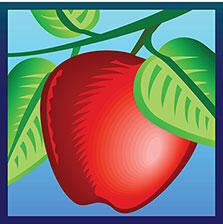 Cartoon image of red apple handing from a dark green branch with three green leaves around the apple and there is a blue sky in the background.