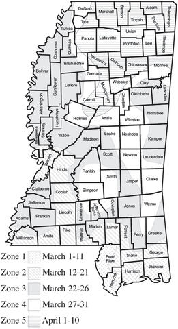 Map showing average last freeze in Mississippi