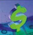 Green dollar sign sitting on a stack of cash.