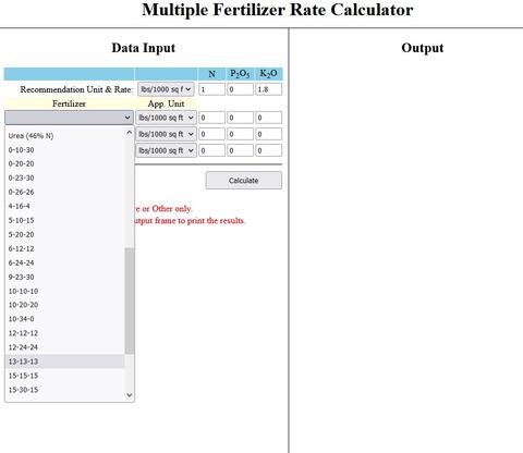Screenshot of multiple fertilizer rate calculator.