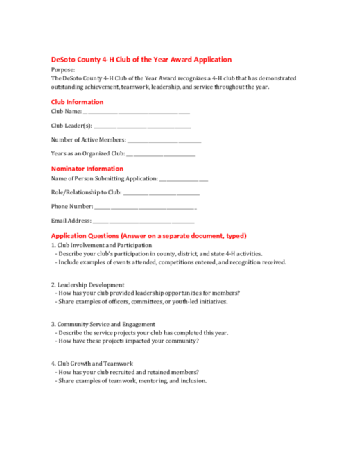 Preview of DeSoto County 4-H Club of the Year Award Application