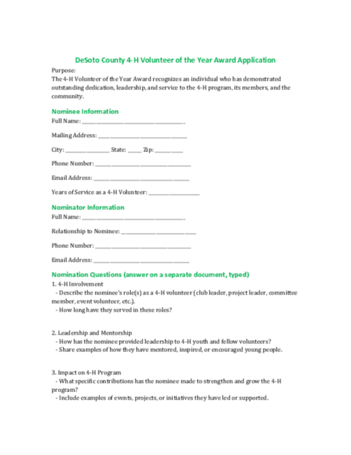 Preview of DeSoto County 4-H Volunteer of the Year Award Application