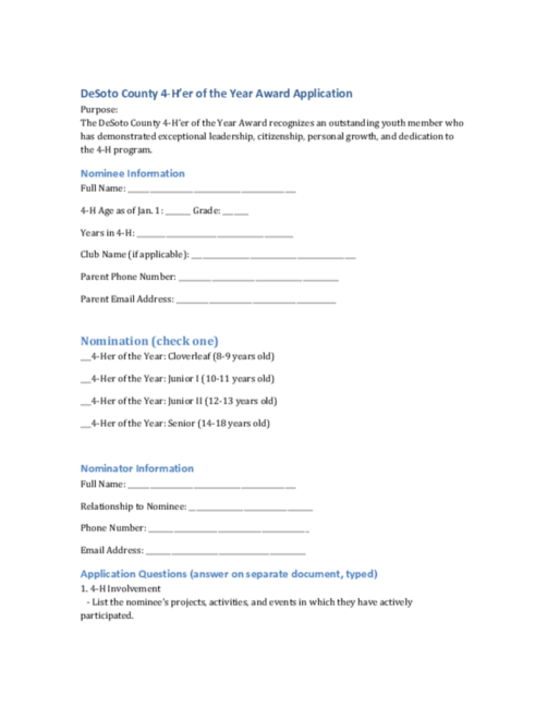 Preview of DeSoto County 4-H'er of the Year Award Application