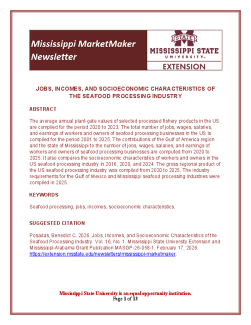 Preview of Mississippi MarketMaker Newsletter Volume 16 Number 1 Seafood Processing