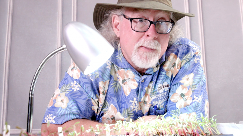 A man with a white goatee and dark-framed glasses leans on a table behind a small LED table lamp and a tray of seedlings. He wears a blue floral Hawaiian shirt and brown hat.