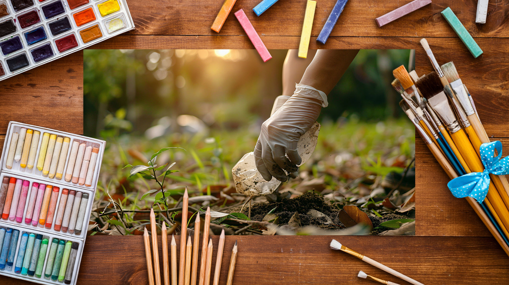 Art supplies around a photo of a hand picking up a piece of litter.