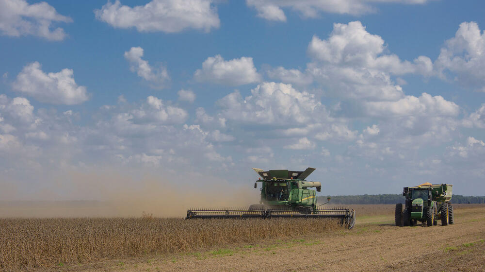 A large, green combine machine plows a soybean field while a green tractor rides beside it.