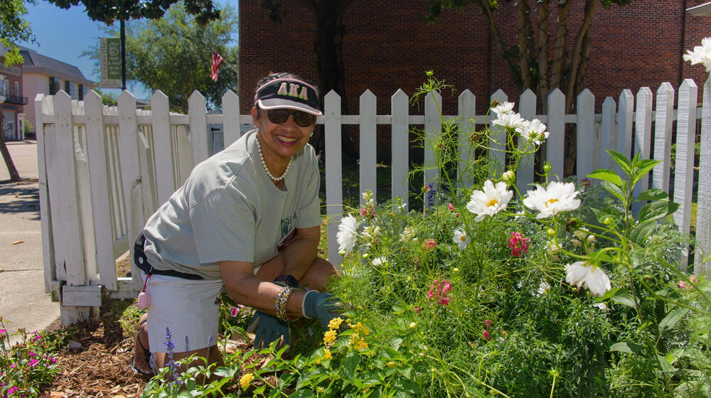 A woman kneels next to a bed of flowers.