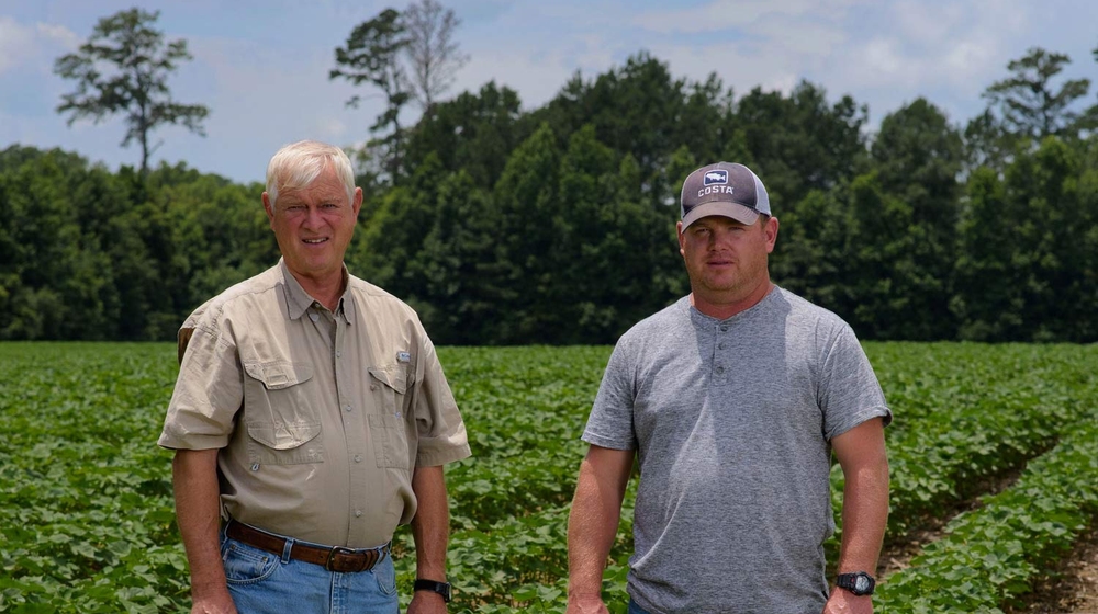 Two men standing in a row crop.