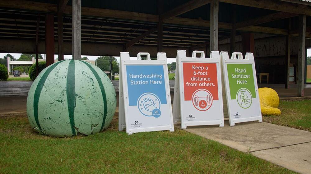 Three signs with “Handwashing Station Here,” “Keep a 6-foot distance from others,” and "Hand Sanitizer Here” next to a large watermelon sculpture.
