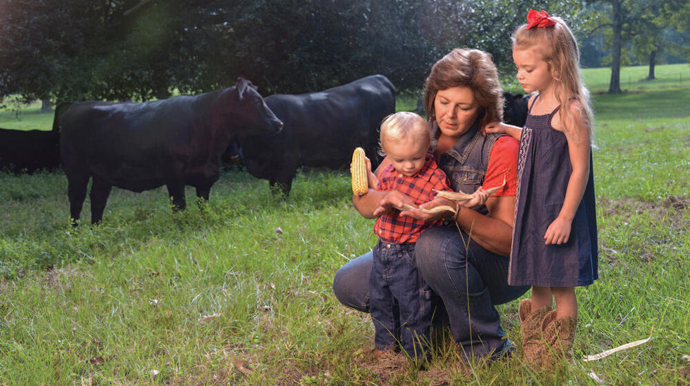 A woman and two small children in a field with black cows grazing behind them.
