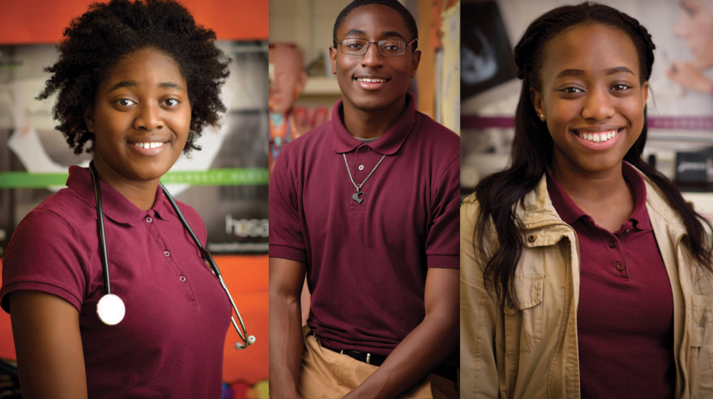Headshot photos of two young women and a young man.