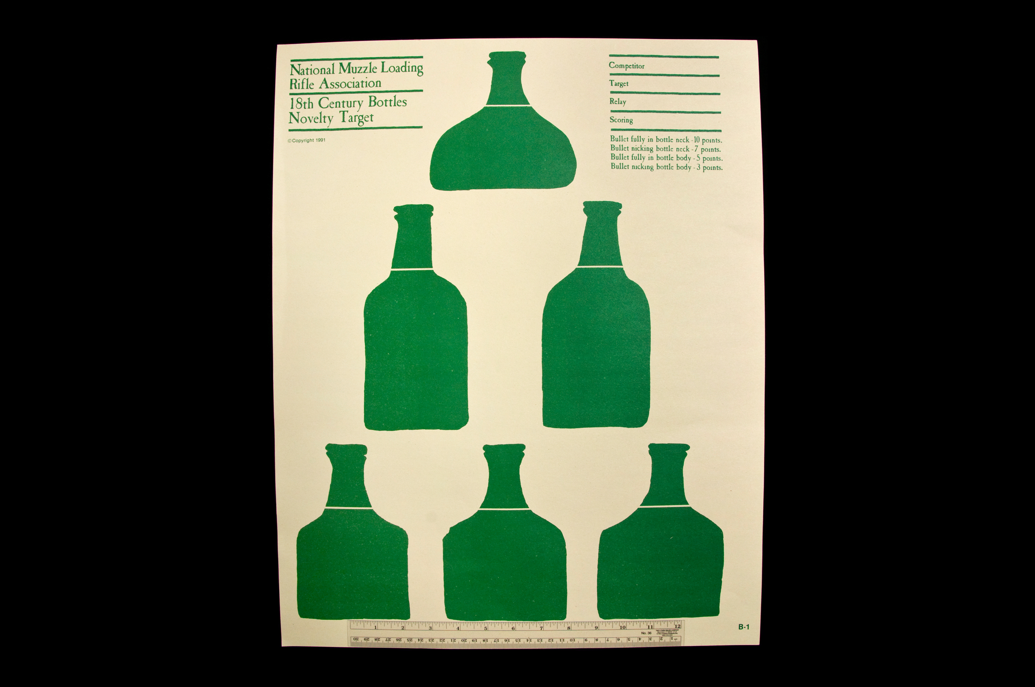 National Muzzle Loading Rifle Association 18th Century Bottles Novelty Target with six green bottles.