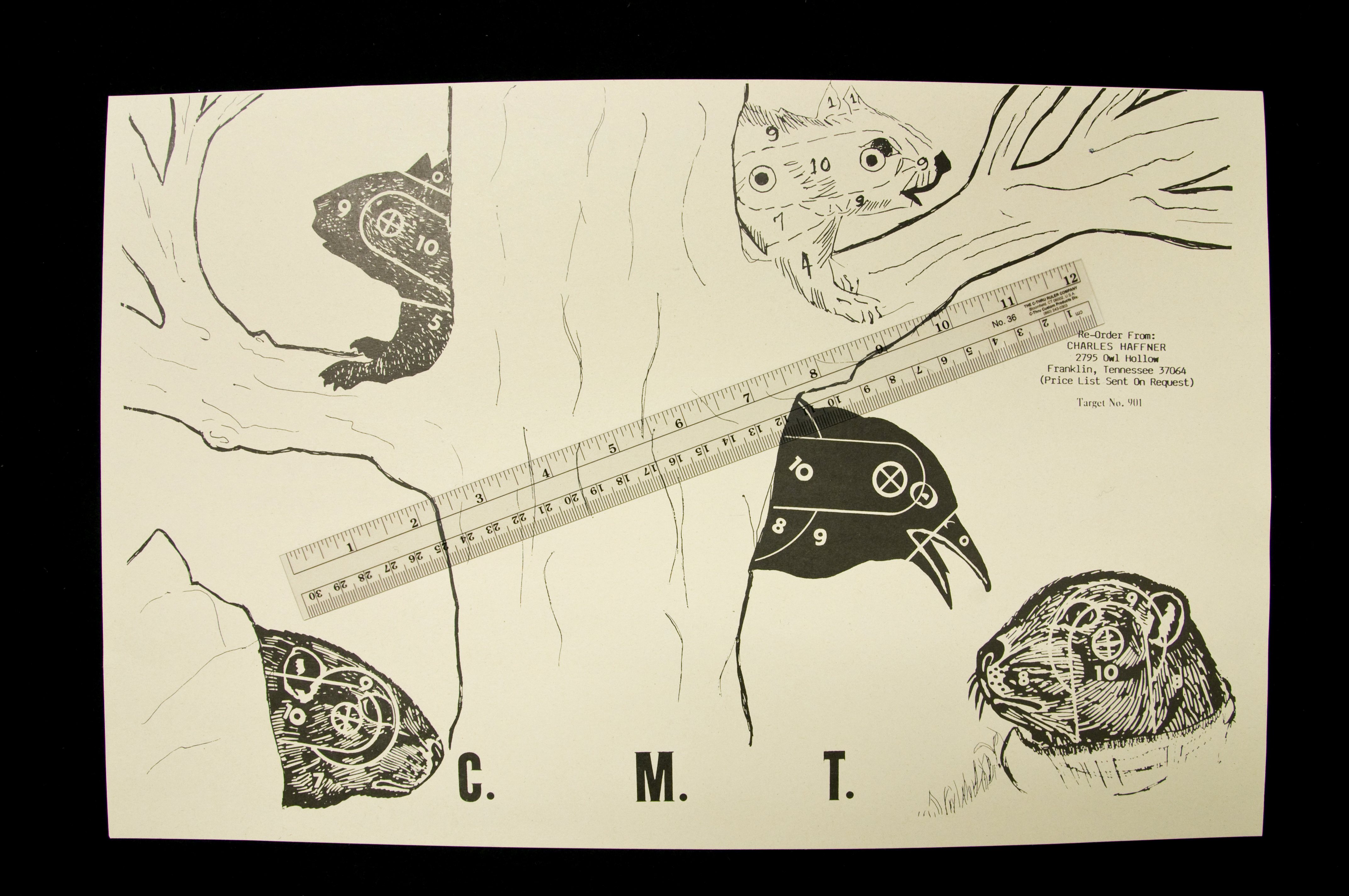 C. M. T. target with a tree in the middle and various birds and rodents surrounding the tree with a ruler running across diagonally.
