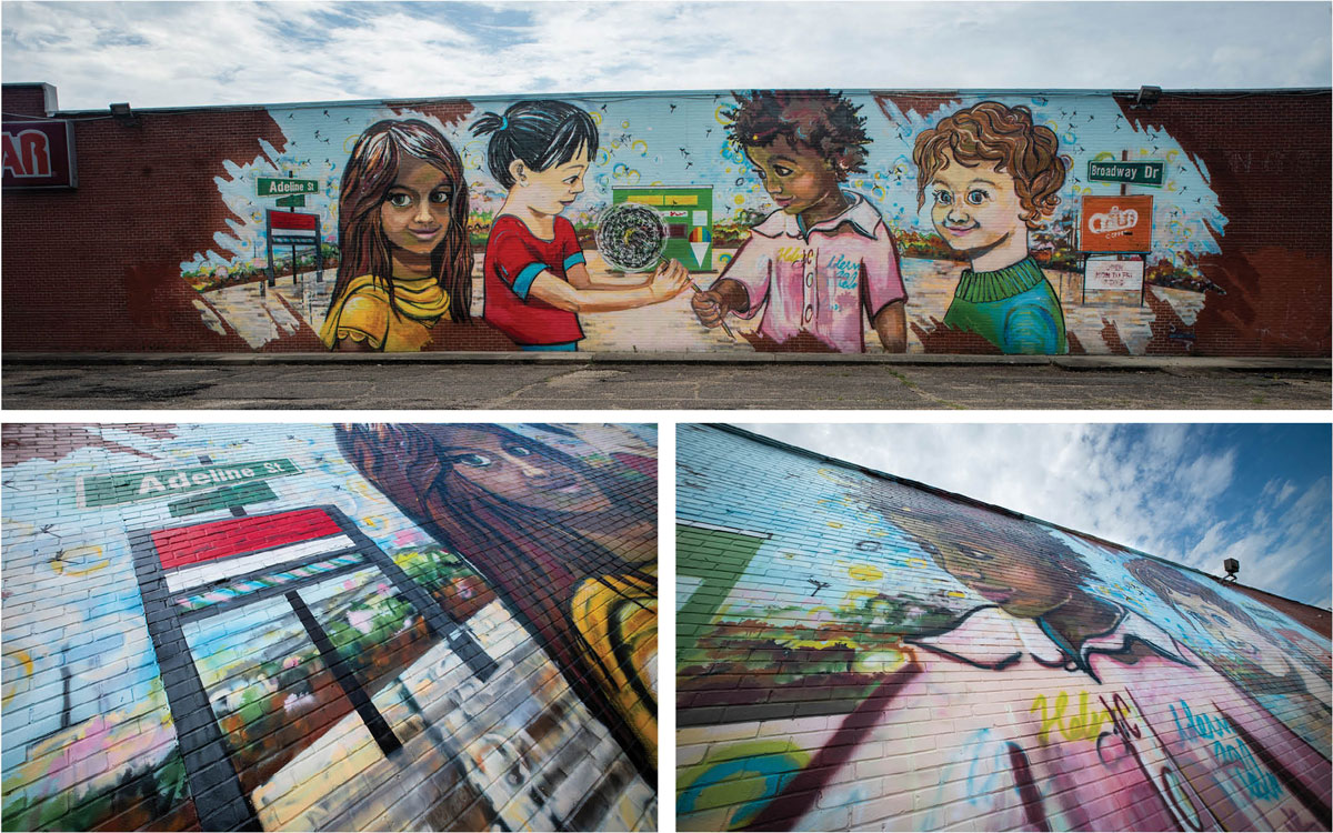 Three angles of a view of a painted mural featuring a diverse group of children standing on a street in Hattiesburg, Mississippi.