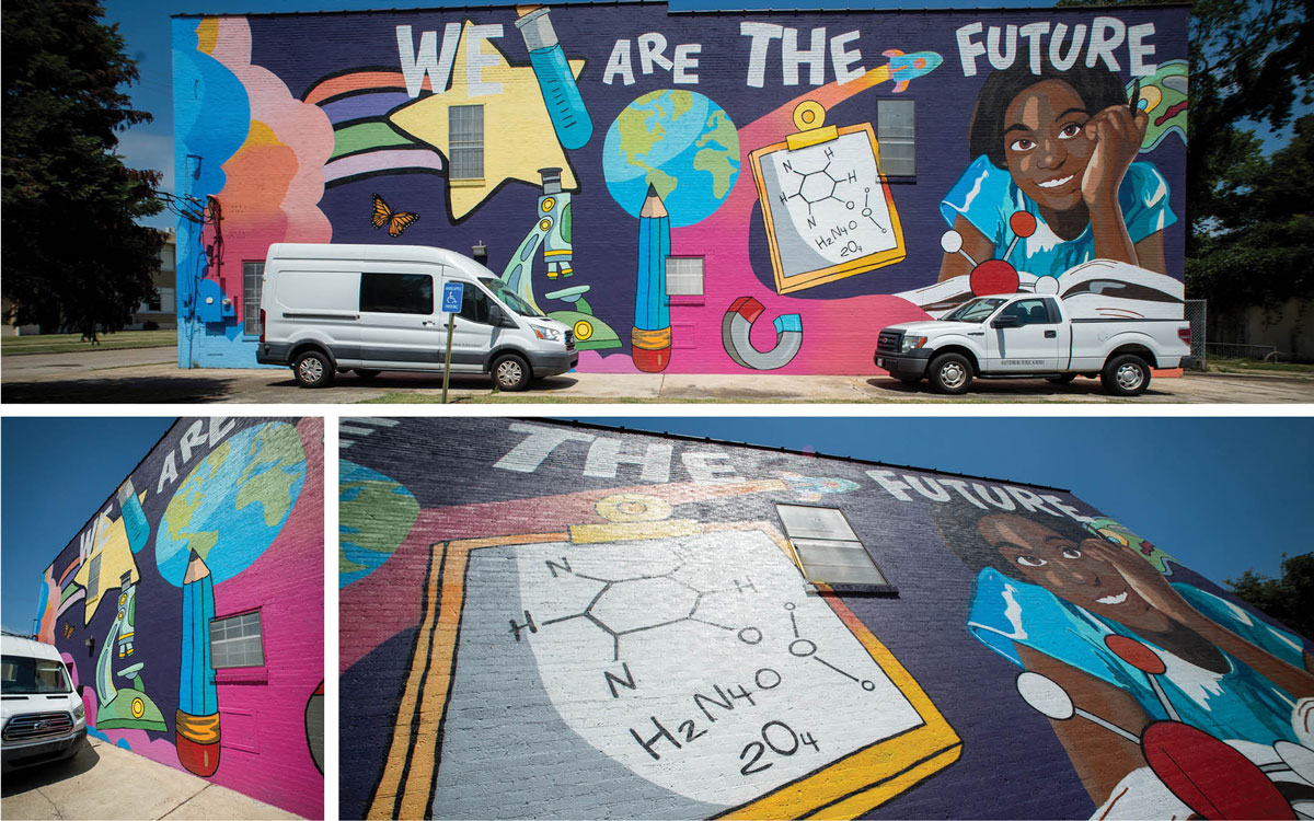 Three angles of a view of a painted mural featuring a Black child with science supplies and listing “We are the future.”