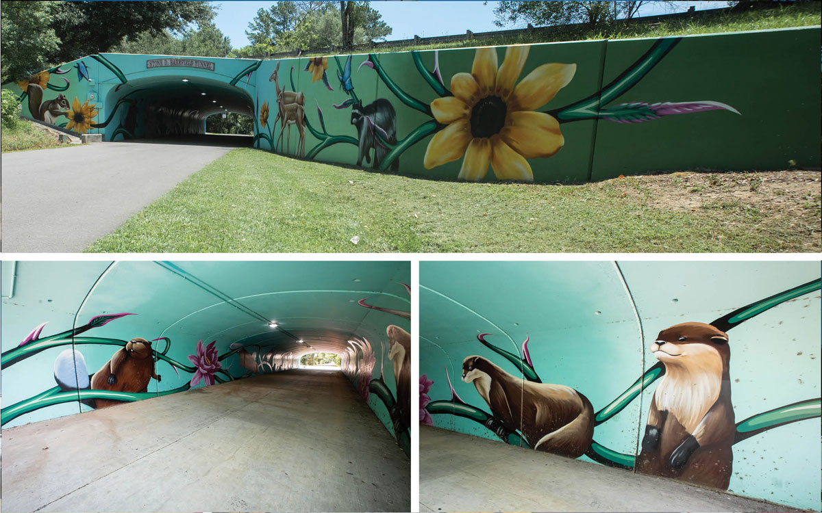 Three angles of a view of a painted mural along a tunnel and featuring otters and flowers.